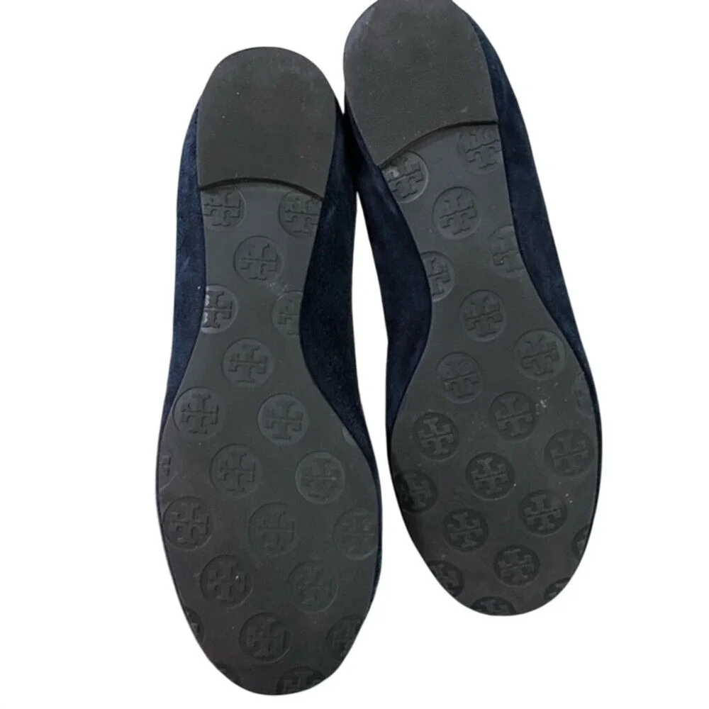 Tory Burch Navy Blue Suede Ballet Flats Gold Logo Size 8M